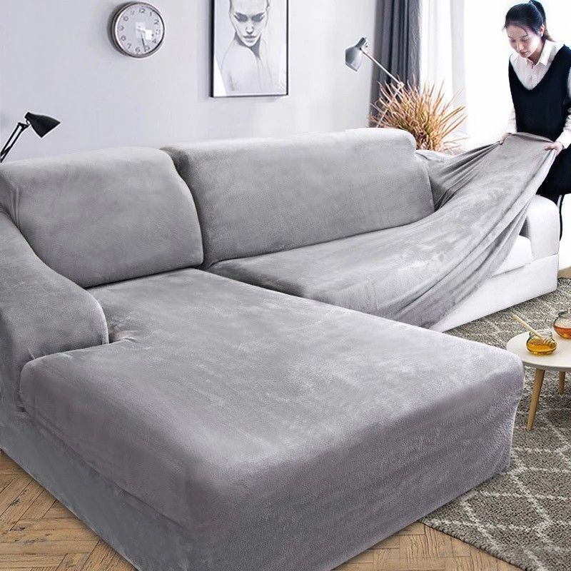 Velvet Plush L Shaped Sofa Cover for Living Room Elastic