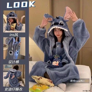 桃園出貨 史迪奇睡衣 珊瑚絨睡衣 長款連帽睡袍 加絨加厚居家服 冬天睡衣 保暖睡衣 套裝可愛睡衣 兩件式睡衣 長袖 睡袍