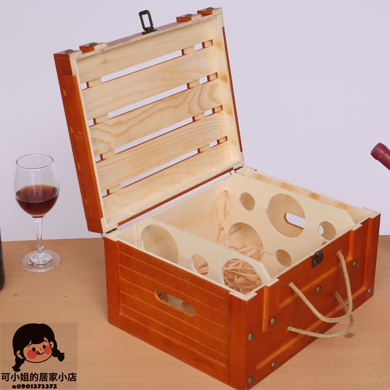【可小姐】紅酒箱六支紅酒木箱紅酒木盒6支裝木箱六只紅酒禮盒紅酒噴漆盒子