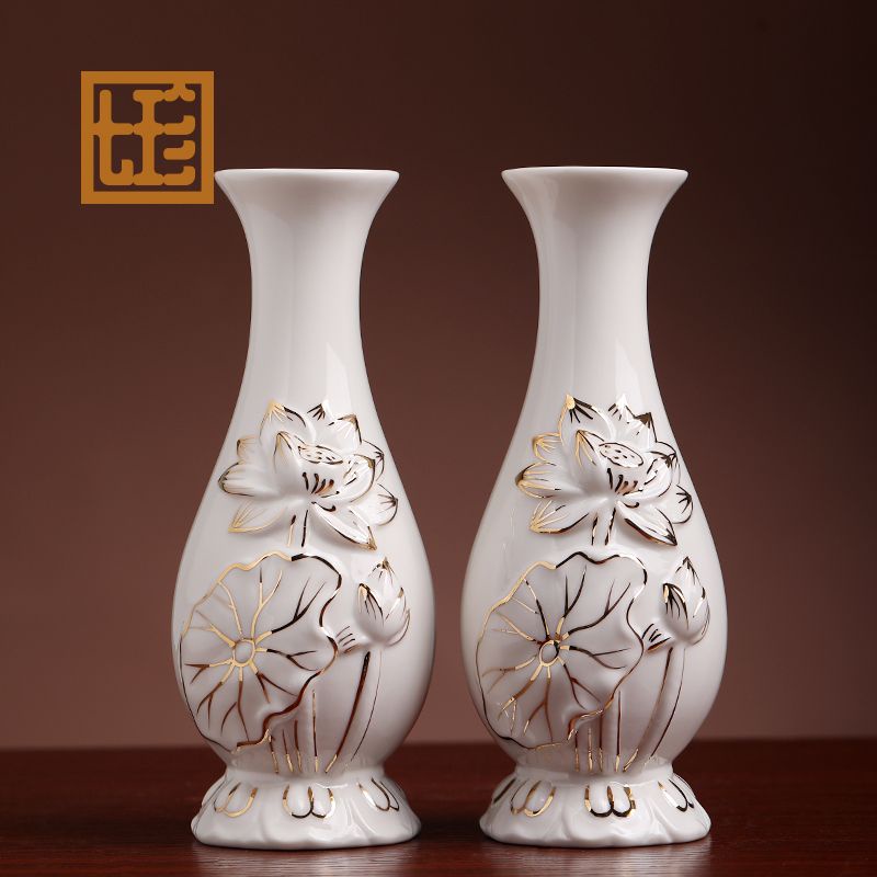 一對瓷器裝飾花瓶 擺件觀音凈瓶供 插花供佛陶瓷中式 佛具用品 神桌花瓶