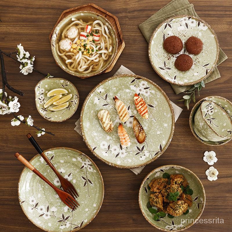 【🔥限時特價🔥】日本進口綠櫻花陶瓷碗盤傢用和風飯碗日式餐具日料店餐盤餐盤碟子 IGJY