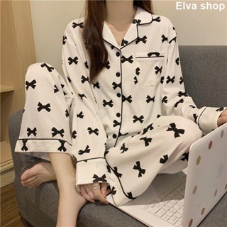 【Elva shop】韓版睡衣 長袖長褲 甜美睡衣 睡衣女春秋滿印蝴蝶結翻領長袖長褲簡約睡衣秋季女學生ins家居服