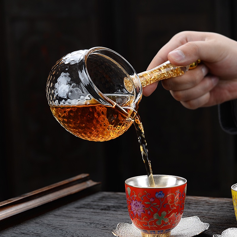 ❀5807❀美真玻璃耐熱加厚側把公道杯分茶器帶手把日式創意復古透明水晶紅綠茶