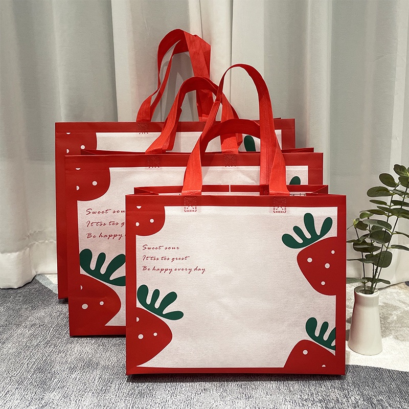 新年 紅色 草莓 手提袋子 童裝 無紡布袋 服裝店 可愛 包裝袋 水果 禮物袋