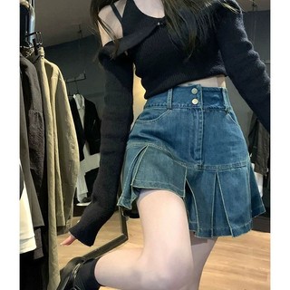 SY高腰百褶牛仔半身裙女夏季大碼胖MM遮肚顯瘦設計感a字包臀短裙子時尚潮流甜辣風日系穿搭短褲ins潮