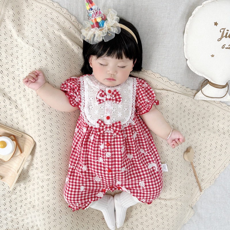 👑龍年新衣👑 女寶包屁衣 連身裝 純棉 新生兒衣服 嬰兒夏裝 寶寶短袖包屁衣 紅色粉色格子 嬰兒連身衣 薄款 嬰兒衣