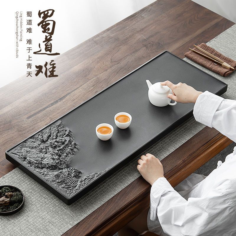 免運 茶盤 烏金石茶盤 石茶盤 茶具 茶臺 天然烏金石茶盤手工鵰刻整塊天然烏金石茶盤石頭茶臺排水傢用黑金石茶海簡約託盤