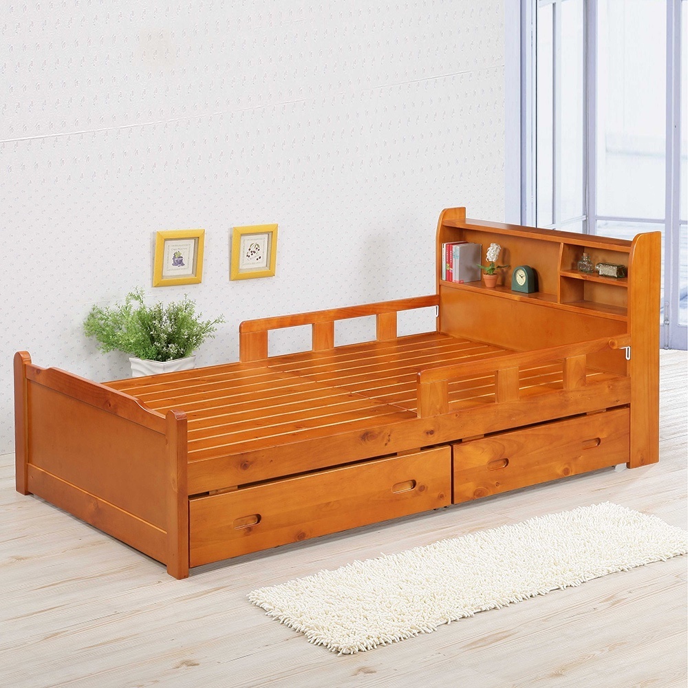 Homelike 米莉3.5尺護欄床架組(附抽屜x2) 實木床架 單人床 3.5尺床