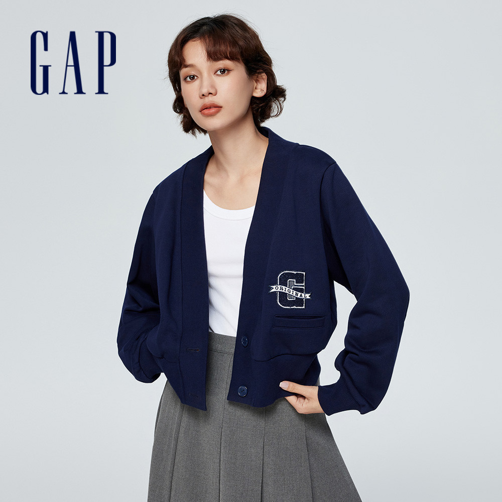 Gap 女裝 Logo印花V領針織外套 碳素軟磨法式圈織系列-海軍藍(430345)