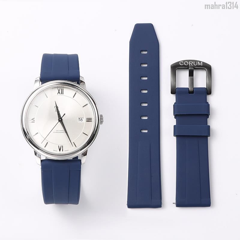 【經典款】CORUM崑崙錶帶 柔軟矽膠男女橡膠針釦 防汗防水手錶鏈藍色20 21mm