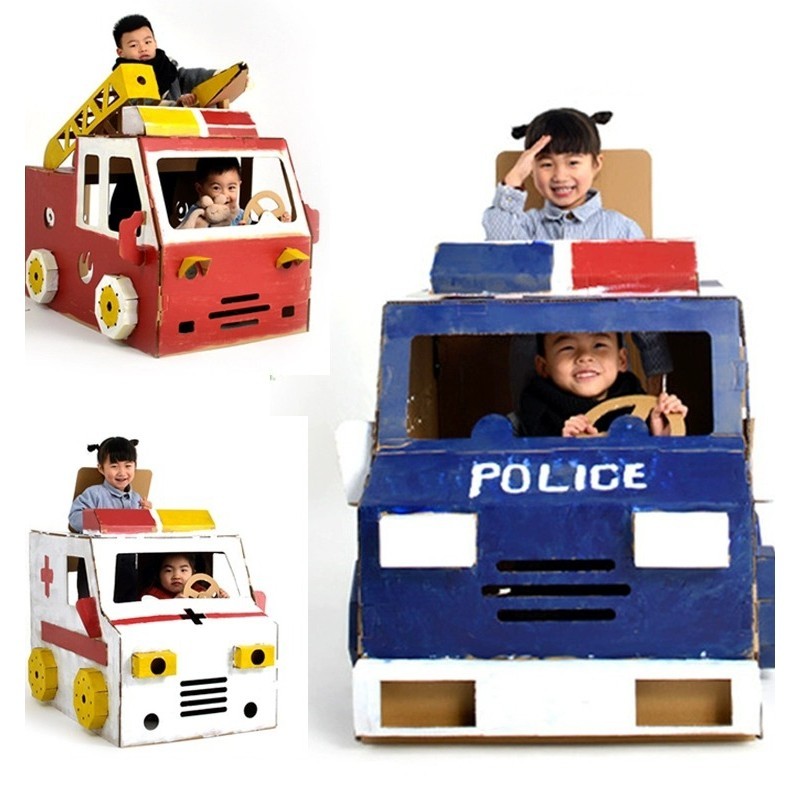 兒童創意可穿戴紙箱警車手工diy紙板大消防車救護車拼插模型玩具