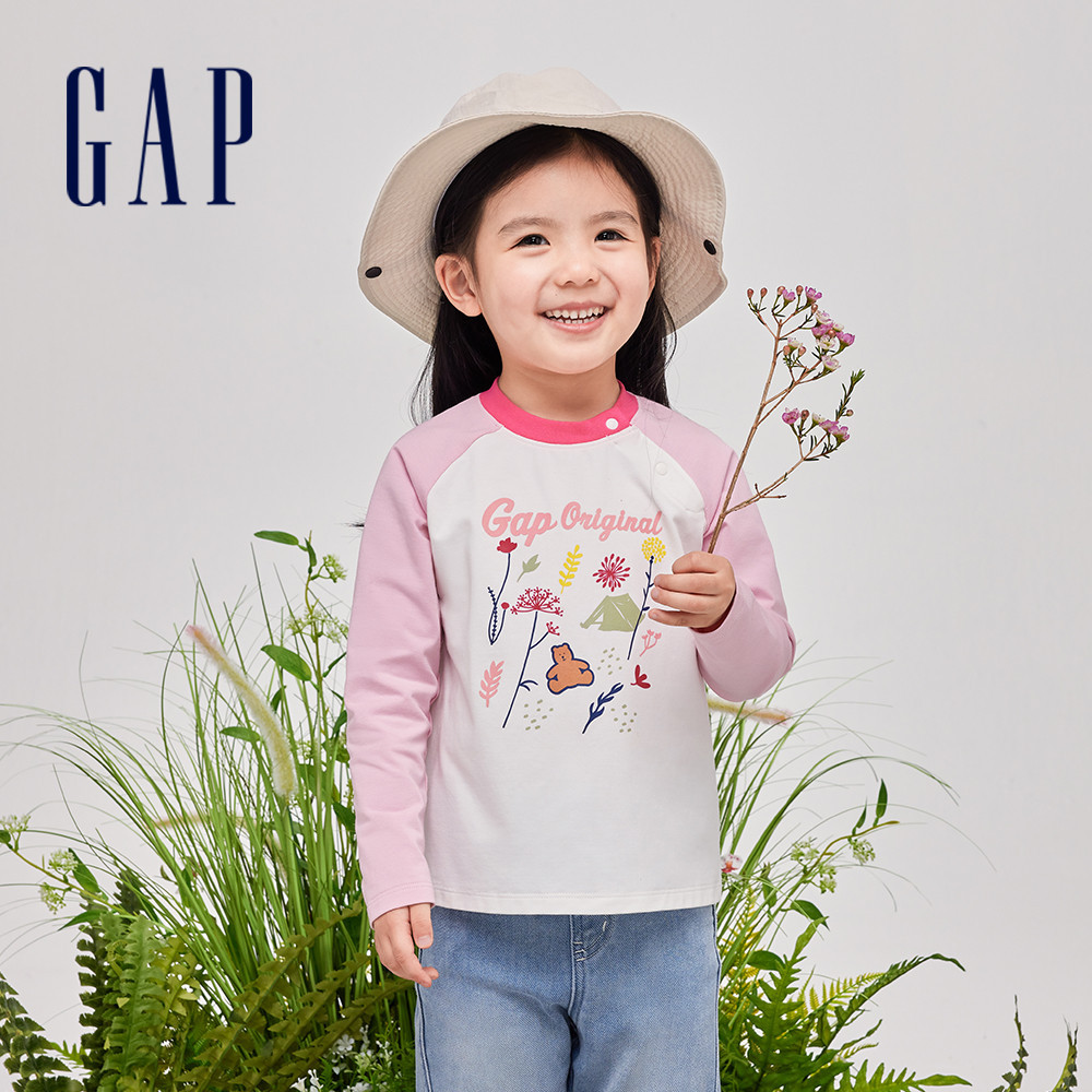 Gap 女幼童裝 Logo小熊印花圓領長袖T恤-粉紅色(890332)