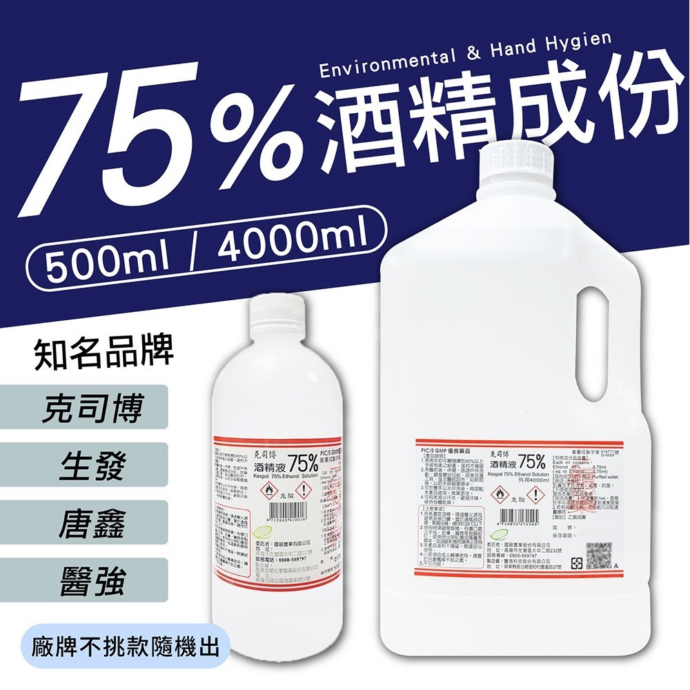 【75%醫用酒精系列 4000ml】消毒酒精 酒精清潔液 酒精噴瓶 生發酒精 克司博酒精 唐鑫酒精 醫強酒精