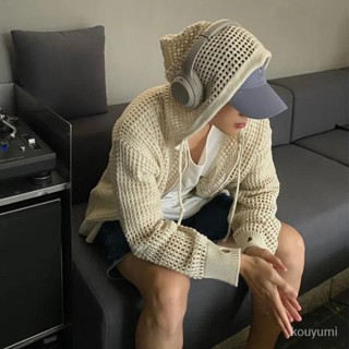 2024高品質🌈鏤空連帽針織衫男生秋季韓版寬鬆潮流慵懶風休閒拉鏈毛衣外套開衫 CTMO