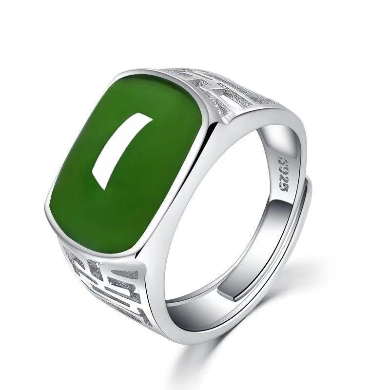 天然水晶石碧綠色戒指男女銀鑲嵌綠玉髓色開口情侶款戒指女不掉色 R3G7