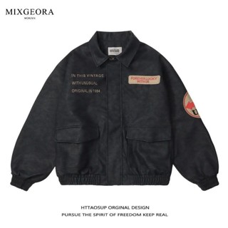 2024高品質🌈MIX GEORA設計師美式複古pu黑色刺繡皮衣刺繡夾剋外套男女款寬鬆 ZTBA