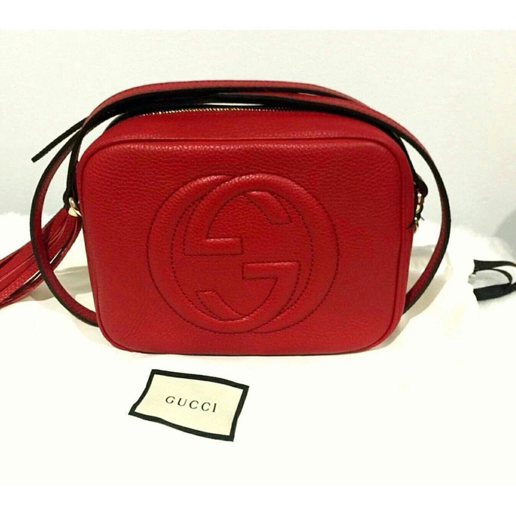 真品二手 Gucci 308364 Soho Disco Leather Bag 浮雕G流蘇斜背包 紅色