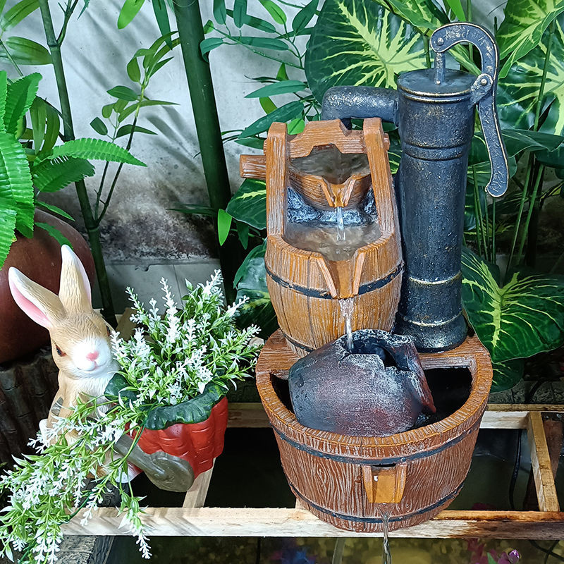 仿木桶流水擺件水缸魚池水循環鄉村田園流水陶罐客廳庭院造景裝飾