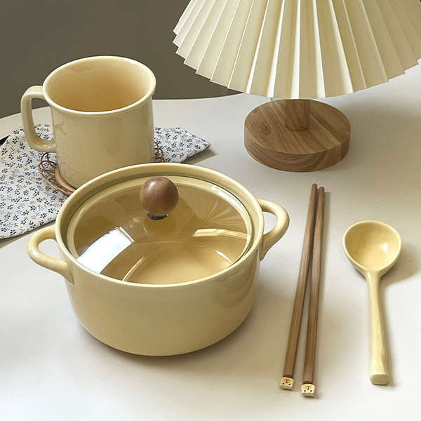 依米 日式ins風學生宿舍素色雙耳麵碗家用陶瓷帶蓋小奶鍋泡麵碗