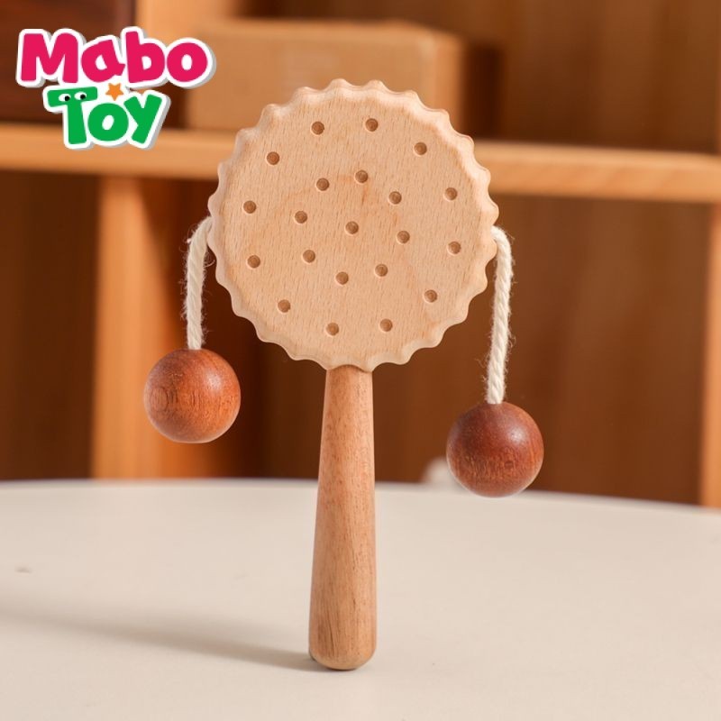 MaboToy新生嬰兒實木玩具可啃咬撥浪鼓木質安撫抓握滿月禮物週嵗抓週道具 O9MW