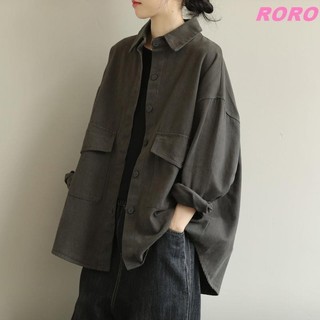 RORO🔸L-5XL 大尺碼外套 復古工裝襯衫外套女2023春秋新款韓版長袖文藝風大碼寬松顯瘦上衣 女生外套 工裝外套