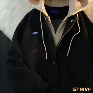 STRIVE慵懶風外套 克萊因藍假兩件hiphop外套女百搭秋冬季衛衣寬松夾克美式棒球服潮