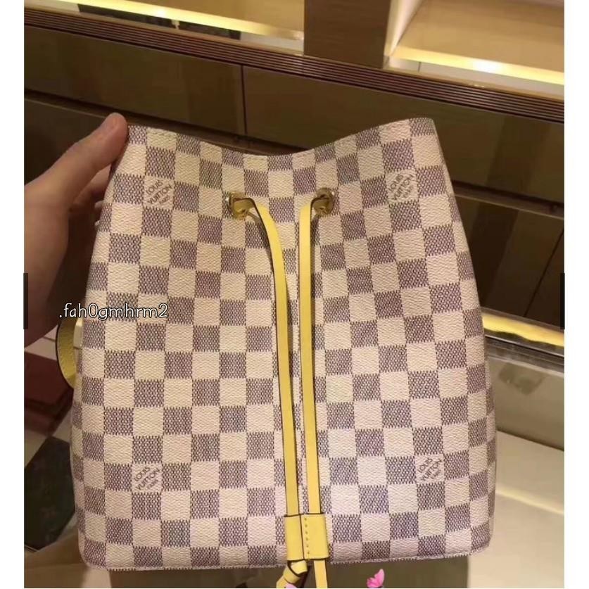 二手現貨 LV Neonoe LV 水桶包 N40151 黃色皮革 單肩包 Damier Azur 帆布 免運