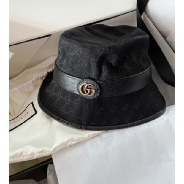 二手 Gucci 帽子 新款 雙G 金扣滿logo印花 帆布 軟呢帽 漁夫帽 576587