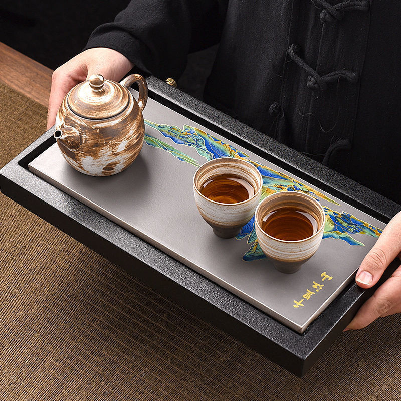茶盤 泡茶托盤 泡茶台 茶具套裝 中式烏金瓷石茶盤復古排水功夫茶具干泡茶臺家用小型長方形茶托盤