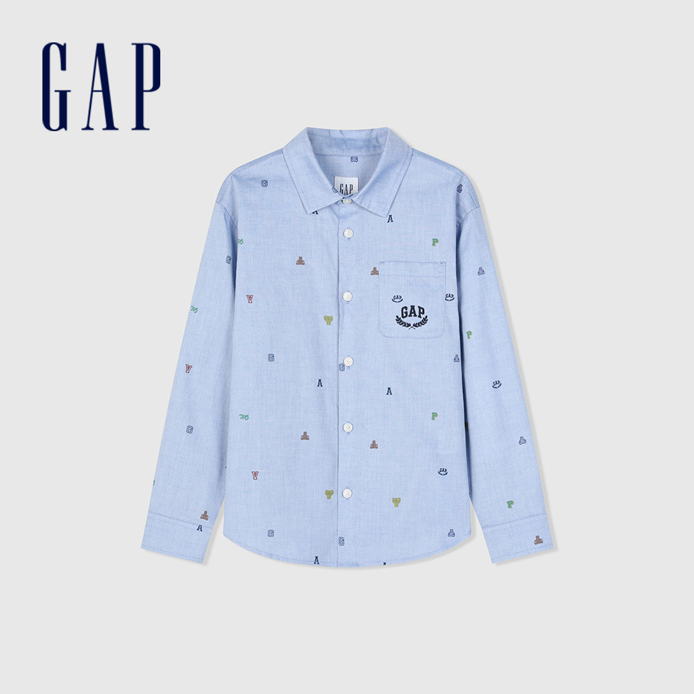 Gap 男童裝 Logo純棉小熊印花翻領長袖襯衫-藍色(890364)