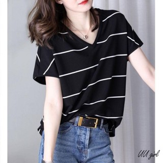 UU 胖mm150公斤大尺碼時尚v領條紋上衣夏季新款寬松240百搭休閑短袖t恤女 t恤女 短袖上衣女