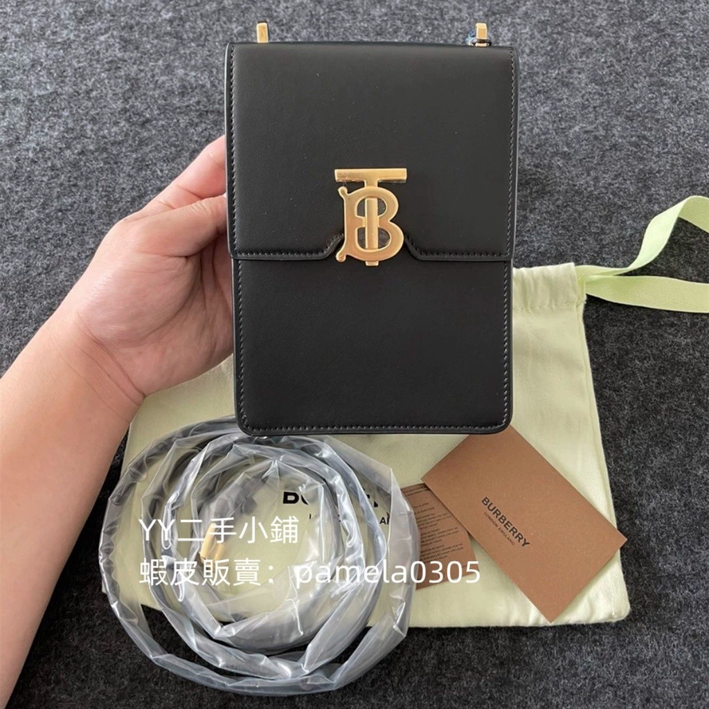 YY二手 Burberry 博柏利 TB手機包 黑色 Robin 金扣 皮革洛賓包 翻蓋包 單肩包 斜背包