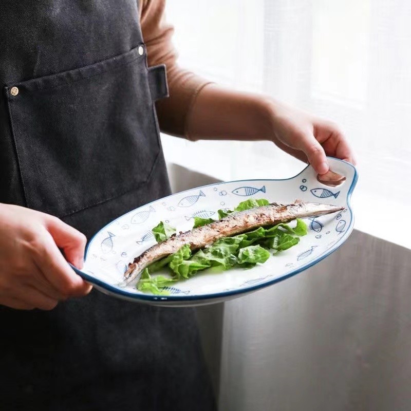 魚盤 大號旦形魚盤陶瓷長方形北歐餐具微波爐烤箱盤創意家用雙耳深魚盤