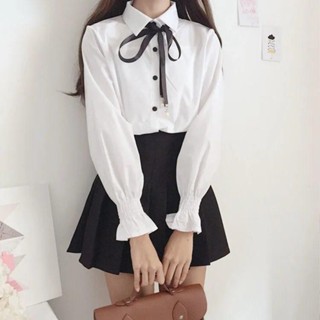 TK推薦✈新款日系長袖白襯衫女學生韓版寬松學院風蝴蝶結襯衣上衣長袖襯衫 長袖上衣 寬鬆上衣 顯瘦上衣 長袖t恤
