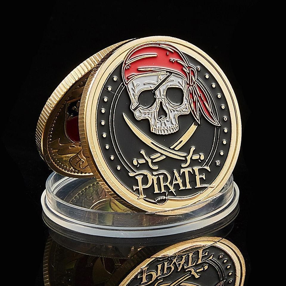 台出❤紀念幣 卡通紀念幣 海賊王硬幣加勒比海盜骷髏鍍金紀念章單手玩金幣海盜船定制紀念幣