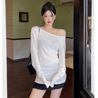 「NZN」 韓版性感露肩長袖t恤薄款防曬罩衫女修身顯瘦