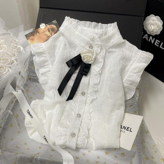 【Princess Home】上衣女 山茶花宮廷風無袖背心 襯衫女 飛飛袖荷葉邊拚接襯衣 雪紡上衣 小香風上衣 無袖背心
