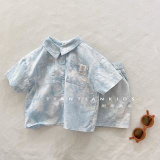 💕洋洋兒童店💕 男童夏季套裝 男童短袖套裝 兒童夏季套裝中小童帥氣紮染短袖襯衣短褲兩件套韓版襯衫男童洋氣 兒童套裝