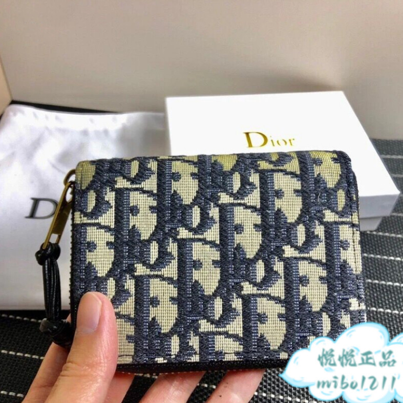 DIOR 迪奧 Oblique刺繡 藍色 印花零錢包 拉鏈錢包 卡包 零錢包