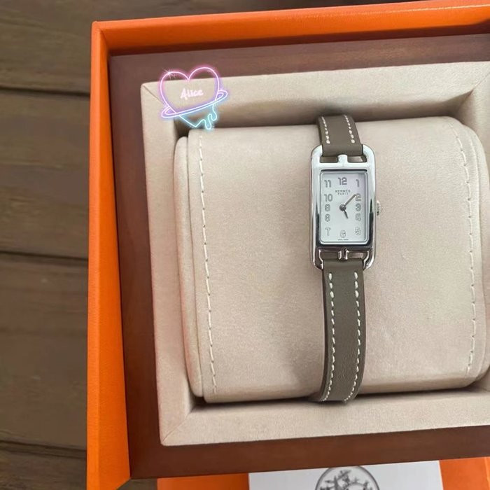 『二手精品』Hermes 愛馬仕 石英腕錶女款 方形白色錶盤皮錶帶大象灰 女士手錶 W44189WW00