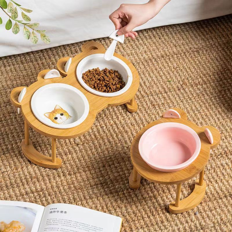 猫耳勺木架陶瓷碗 陶瓷勺&amp;叉 竹木架 陶瓷碗 餵食碗 高腳碗 貓碗 狗碗 寵物碗