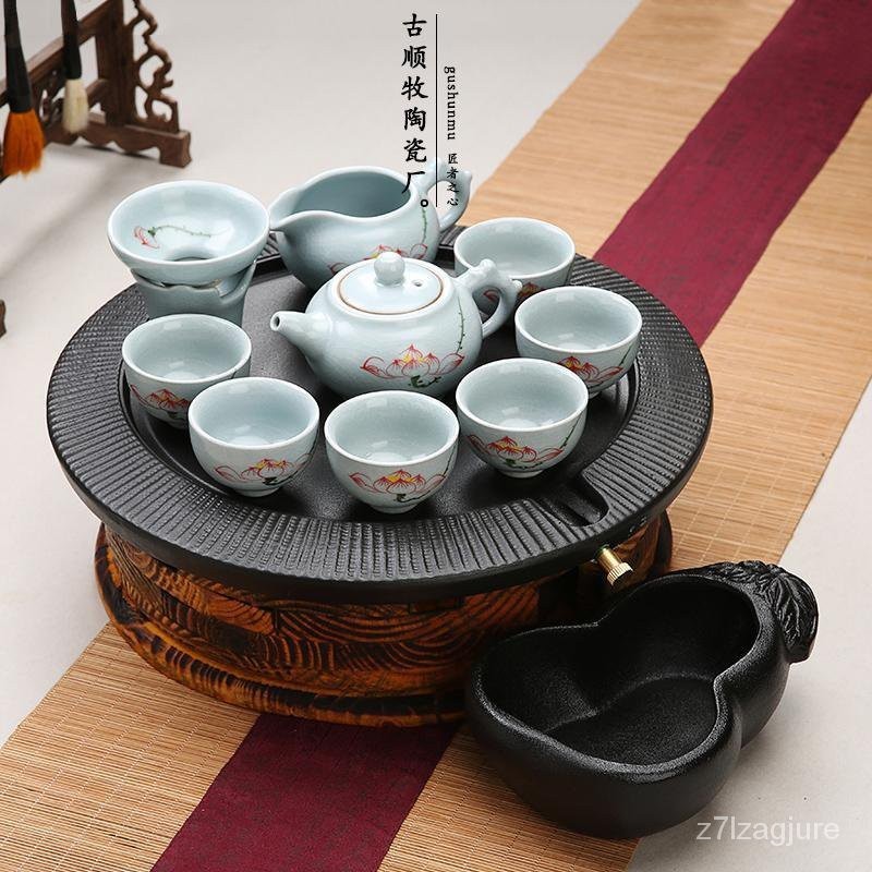 破損包賠  簡約幹泡臺石磨黑陶茶盤圓形陶瓷功夫茶具傢用排水式茶臺特價 D8UA
