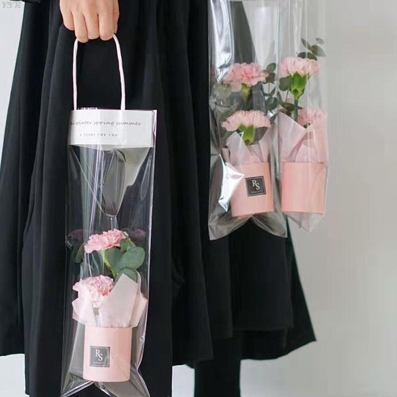 🎀家居優選🌈教師節情人節pvc網紅ins手提透明花袋 迷你小花桶鮮花包裝 單支玫瑰花透明手提袋禮物袋