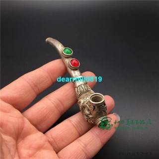 🌓佛緣閣🌓古玩雜項銅器收藏仿古白銅鍍銀藏銀老銀鑲嵌馬來玉石龍鳳菸袋菸嘴1DFGFD
