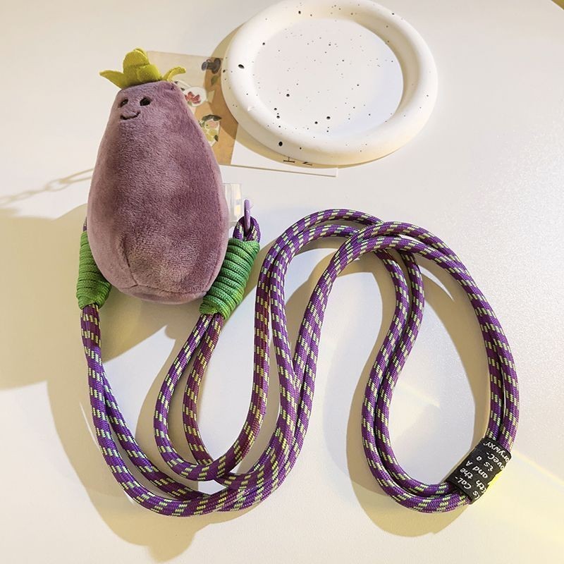手機掛繩新款紫色茄子公仔背夾斜跨手機鏈編織加長繩通用手機殼背帶式掛件