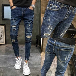 夏季男生褲子破洞補丁 牛仔褲 男潮牌韓版潮流百搭 九分褲 修身小腳褲 牛仔 男生褲子 褲 夏天長褲 褲子 褲子男