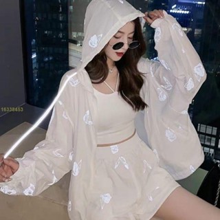 連帽上衣 抗UV 防曬衣套裝女 搭闊腿短褲 女生防曬外套 <過去ad3I> 防曬上衣 輕薄外套 反光蝴蝶 兩件套 長袖
