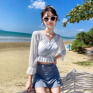 Xuan♥泳衣女溫泉遮肉顯瘦韓國ins兩件套長袖防曬裙式性感小胸聚攏泳裝