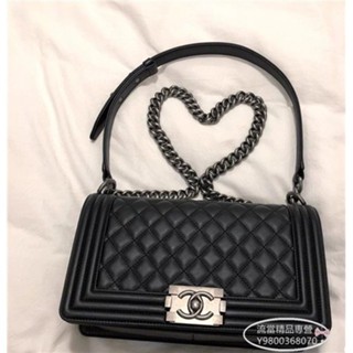 二手精品 CHANEL BOY 28 香奈兒 黑色羊皮銀鍊 肩背包 斜背包 28cm A92193