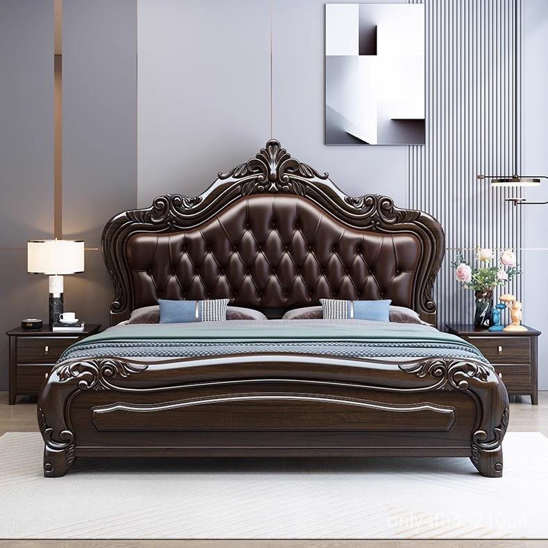 工廠直銷-紫金輕奢主臥雙人床儲物床高端複古實木床歐式高端真皮軟包檀木床 單人床 床架 單人加大床架 N2PK